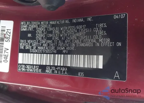 2007 Toyota Sienna Xle z USA, uszkodzony, nr VIN 5TDZK22C17S055746